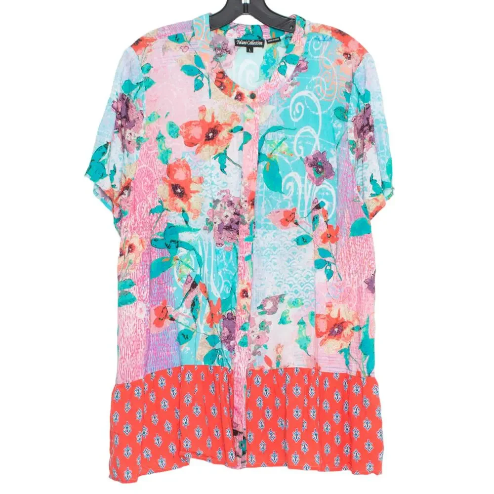 Tolani Collection Womens Top Modal Floral Button Up Short Sleeve Boho Large FA - Picture 6 of 6